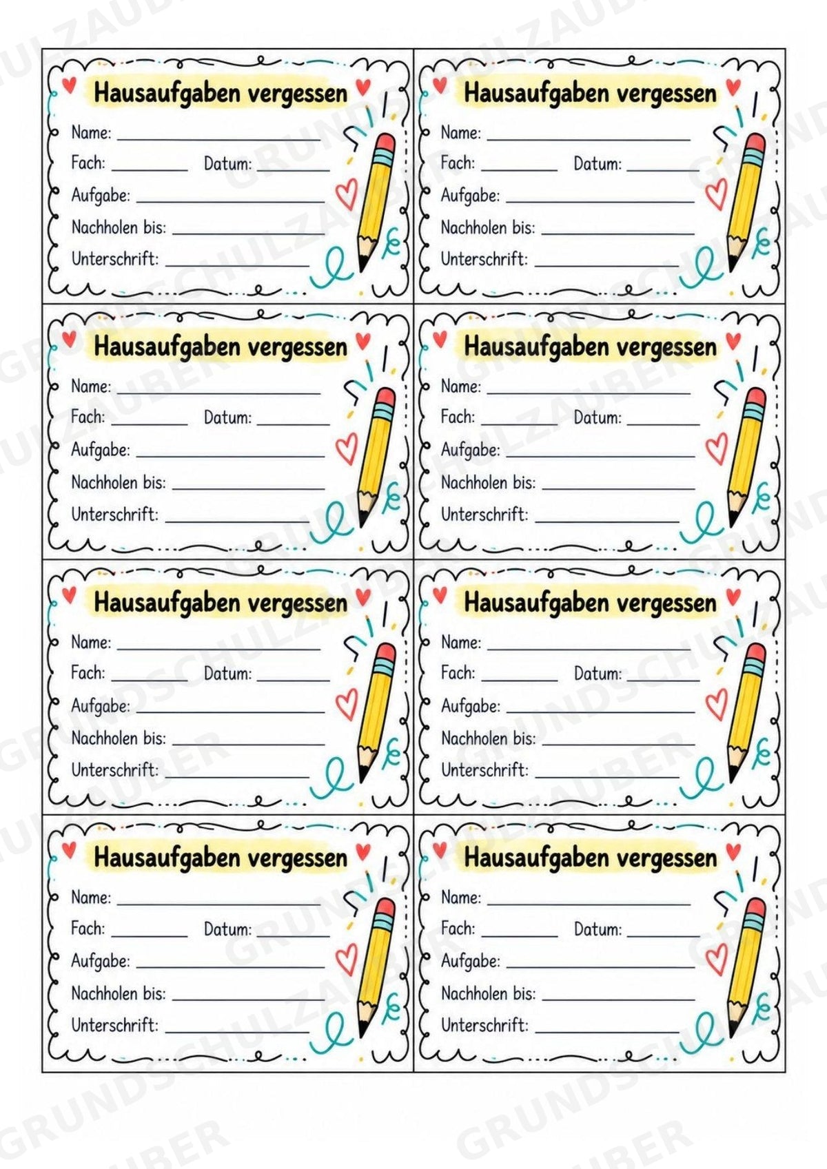 Hausaufgabengutscheine & Hausaufgaben vergessen | 64 Karten in 4 Designs für die Grundschule – Materialseite 7