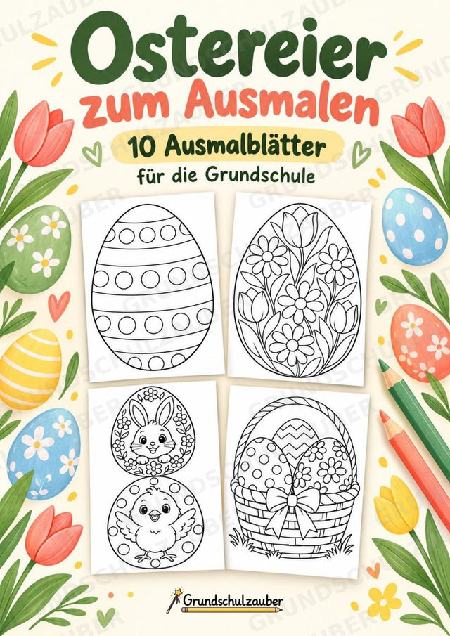 Ostereier zum Ausmalen | 10 Ausmalbilder & Malvorlagen für Ostern und Frühling in der Grundschule – Cover