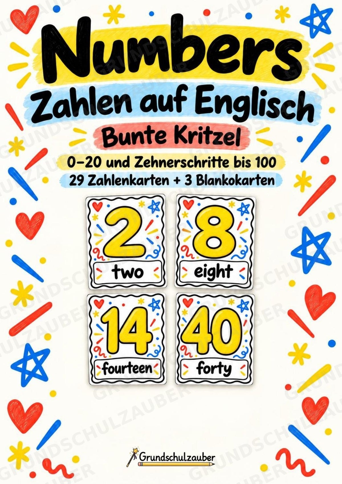 Zahlen auf Englisch – Numbers | 29 Zahlenkarten zu 0–20 und Zehnerschritten bis 100 – Bunte Kritzel – Cover