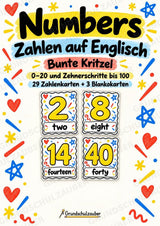 Zahlen auf Englisch – Numbers | 29 Zahlenkarten zu 0–20 und Zehnerschritten bis 100 – Bunte Kritzel – Cover