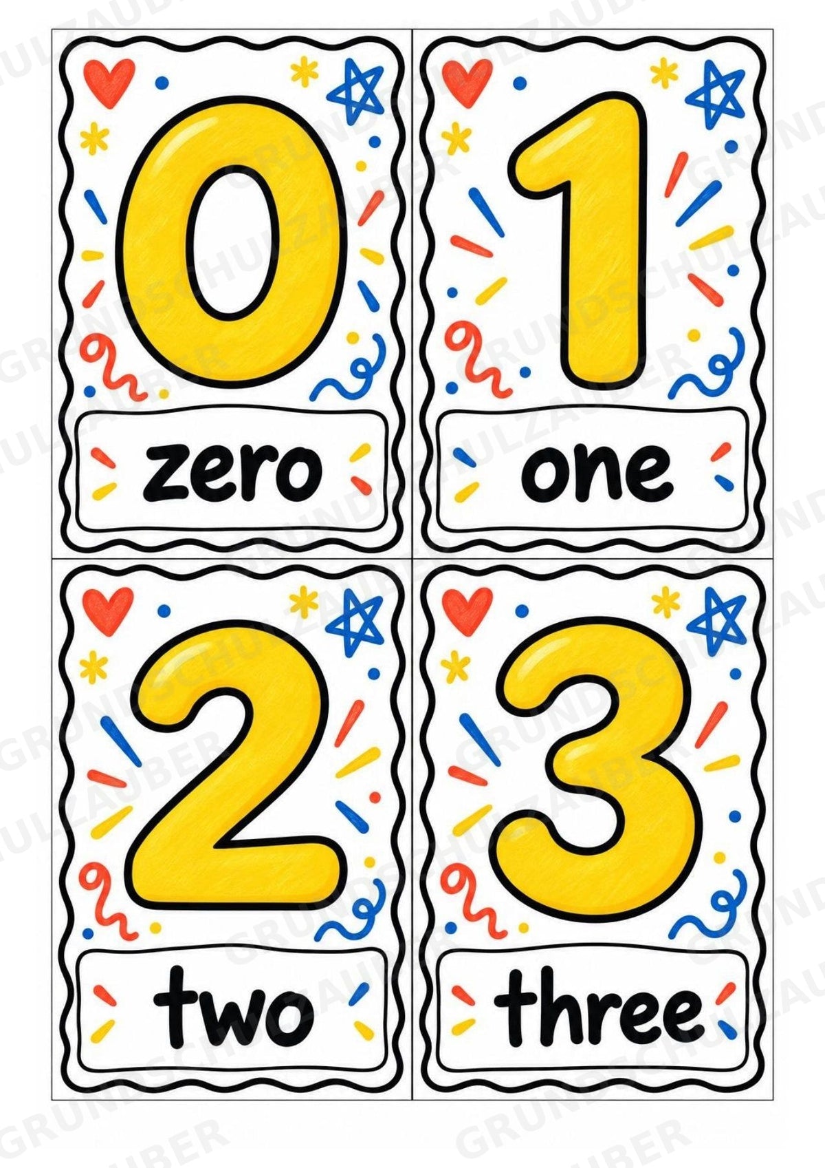 Zahlen auf Englisch – Numbers | 29 Zahlenkarten zu 0–20 und Zehnerschritten bis 100 – Bunte Kritzel – Materialseite 2