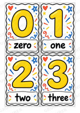 Zahlen auf Englisch – Numbers | 29 Zahlenkarten zu 0–20 und Zehnerschritten bis 100 – Bunte Kritzel – Materialseite 2