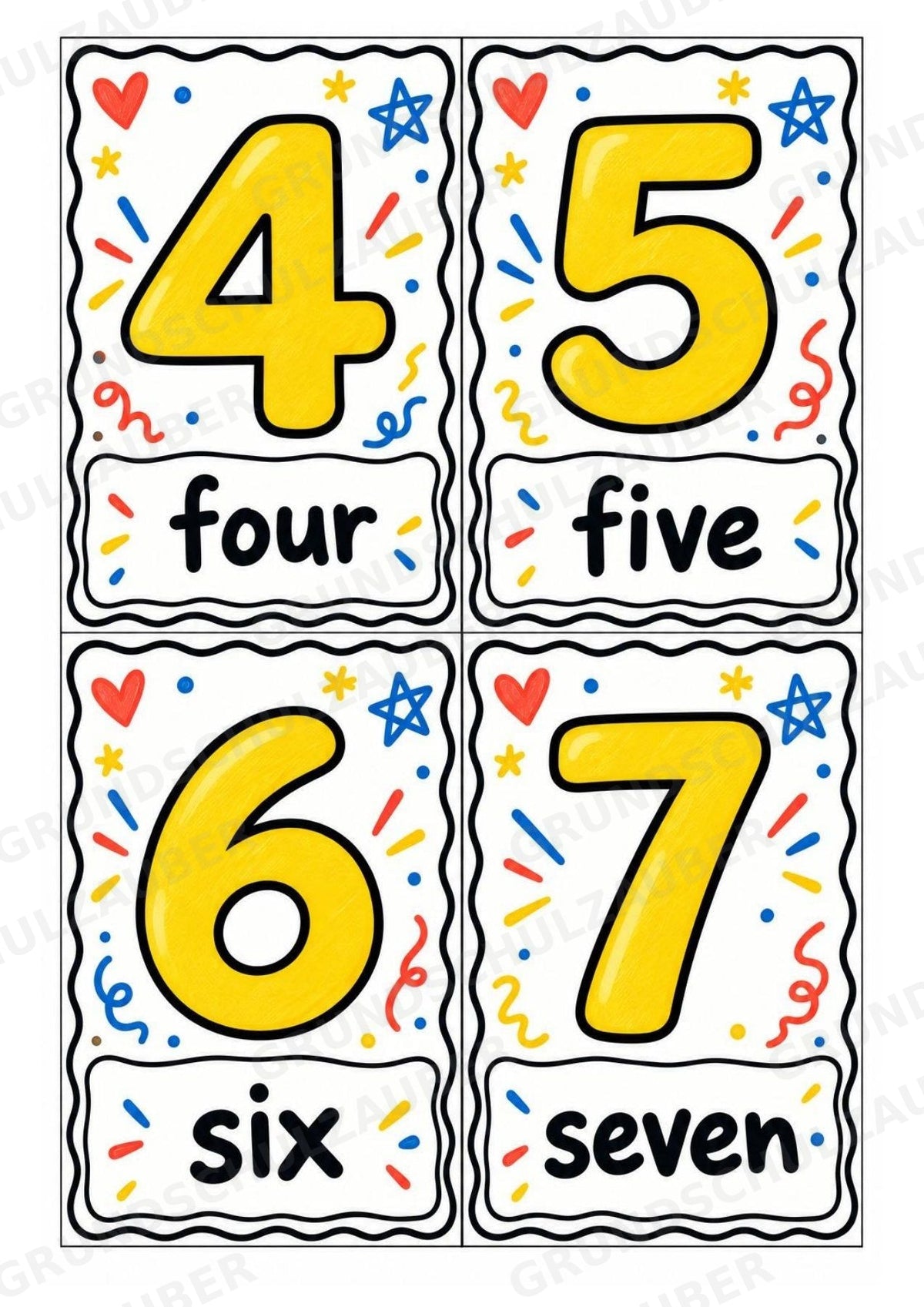 Zahlen auf Englisch – Numbers | 29 Zahlenkarten zu 0–20 und Zehnerschritten bis 100 – Bunte Kritzel – Materialseite 3