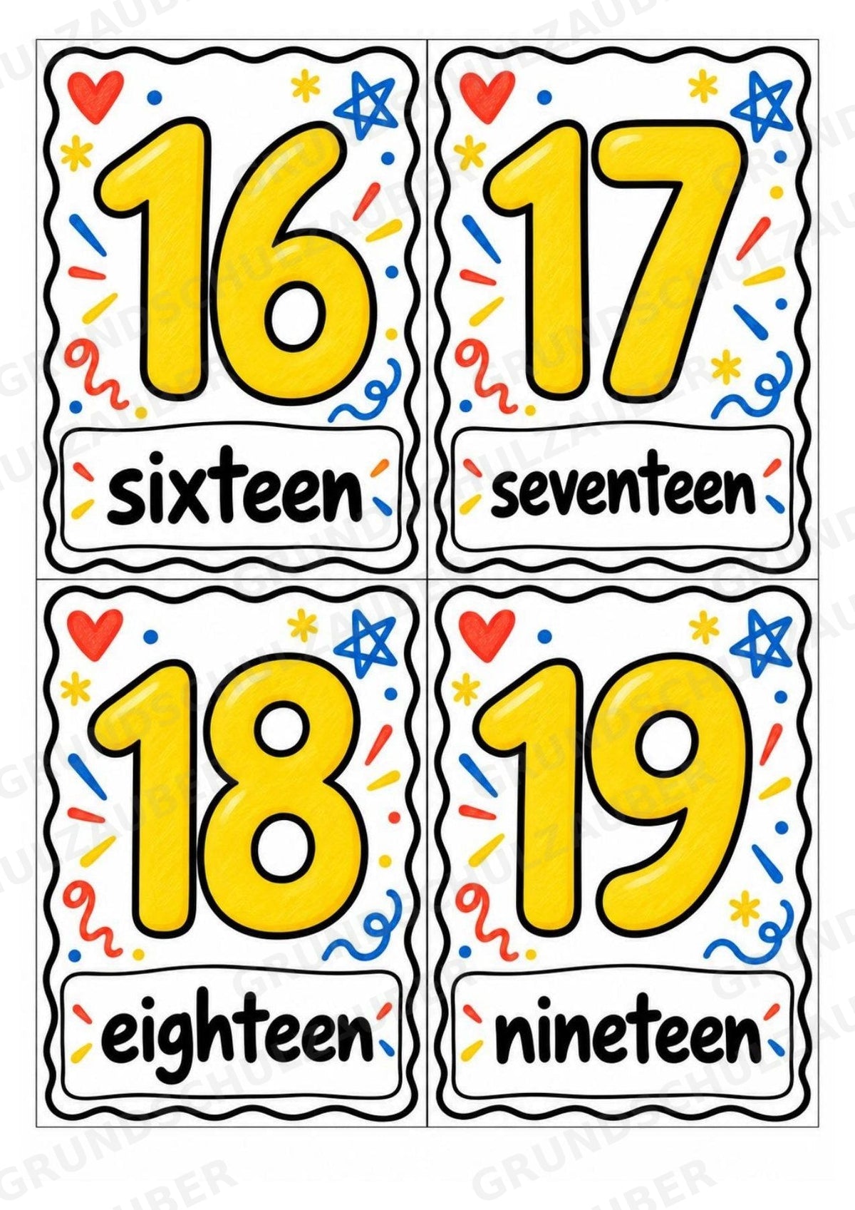 Zahlen auf Englisch – Numbers | 29 Zahlenkarten zu 0–20 und Zehnerschritten bis 100 – Bunte Kritzel – Materialseite 6