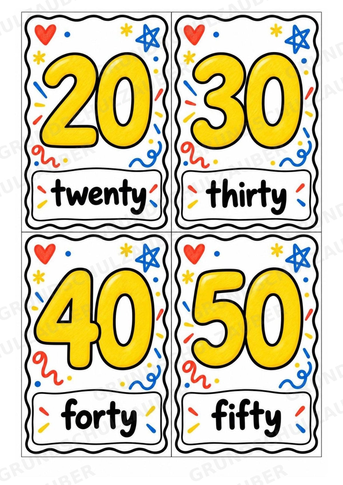Zahlen auf Englisch – Numbers | 29 Zahlenkarten zu 0–20 und Zehnerschritten bis 100 – Bunte Kritzel – Materialseite 7