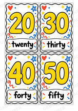 Zahlen auf Englisch – Numbers | 29 Zahlenkarten zu 0–20 und Zehnerschritten bis 100 – Bunte Kritzel – Materialseite 7