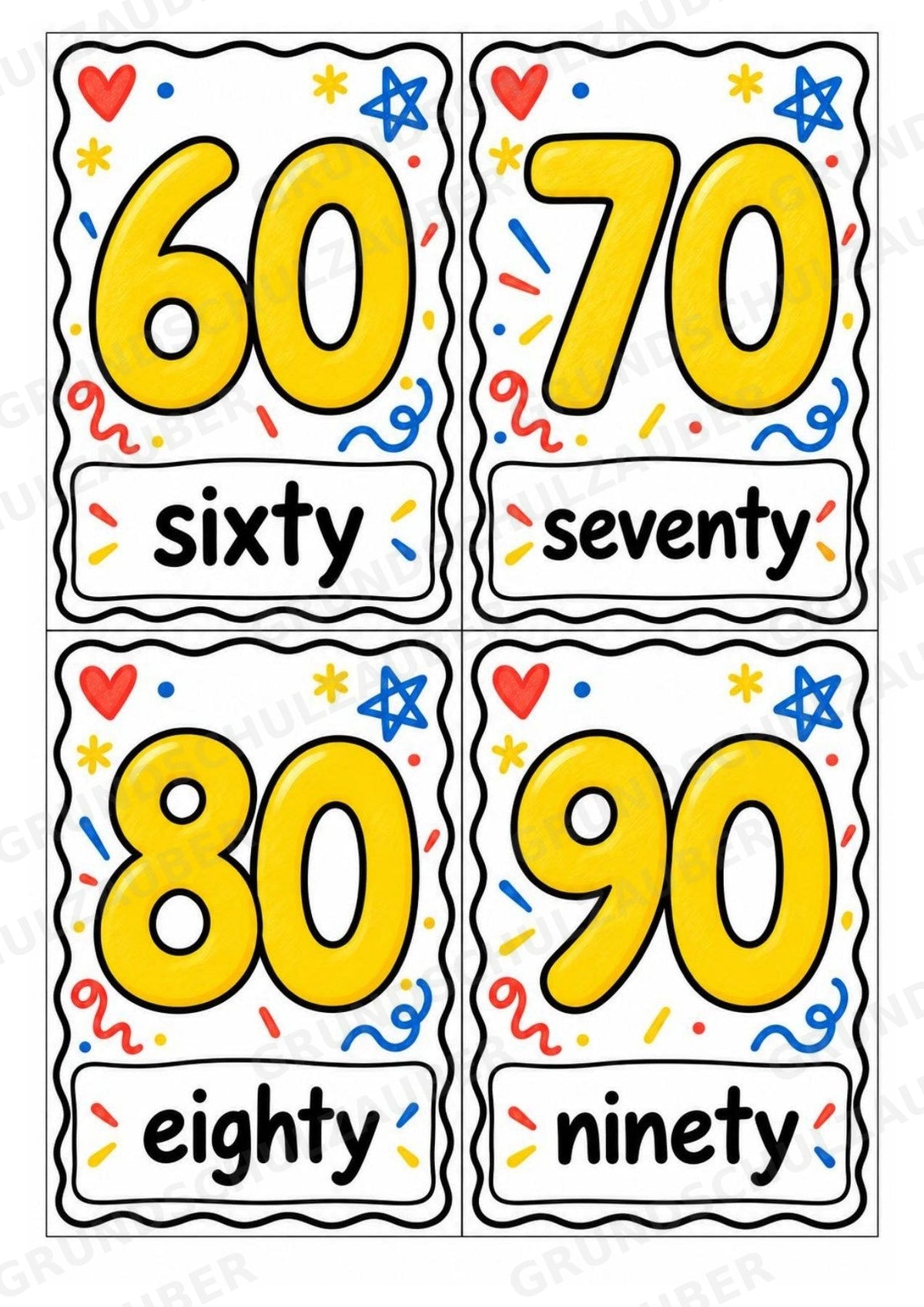 Zahlen auf Englisch – Numbers | 29 Zahlenkarten zu 0–20 und Zehnerschritten bis 100 – Bunte Kritzel – Materialseite 8