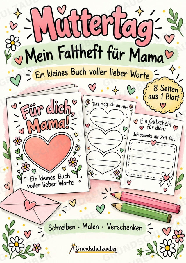 Muttertag: Faltheft für Mama – Minibuch zum Basteln, Schreiben und Ausmalen für die Grundschule – Cover