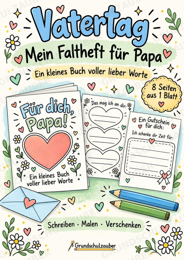 Vatertag: Faltheft für Papa – Minibuch zum Basteln, Schreiben und Ausmalen für die Grundschule – Cover