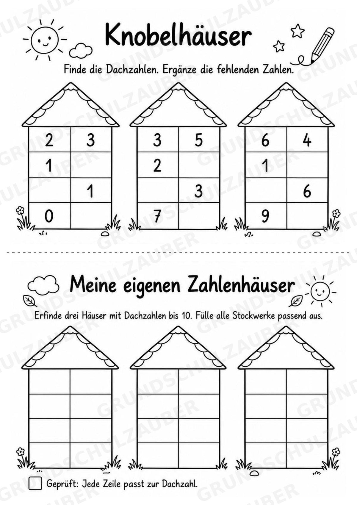 Titel: Zahlenhäuser bis 10 – Miniheft zur Zahlzerlegung mit Rechenhäusern | Mathe Klasse 1 – Materialseite 6