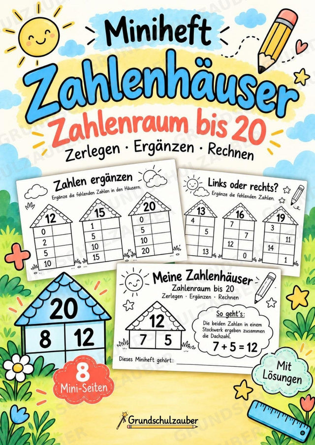 Zahlenhäuser bis 20 – Miniheft zur Zahlzerlegung, Addition und Subtraktion | Mathe Klasse 1–2 – Cover