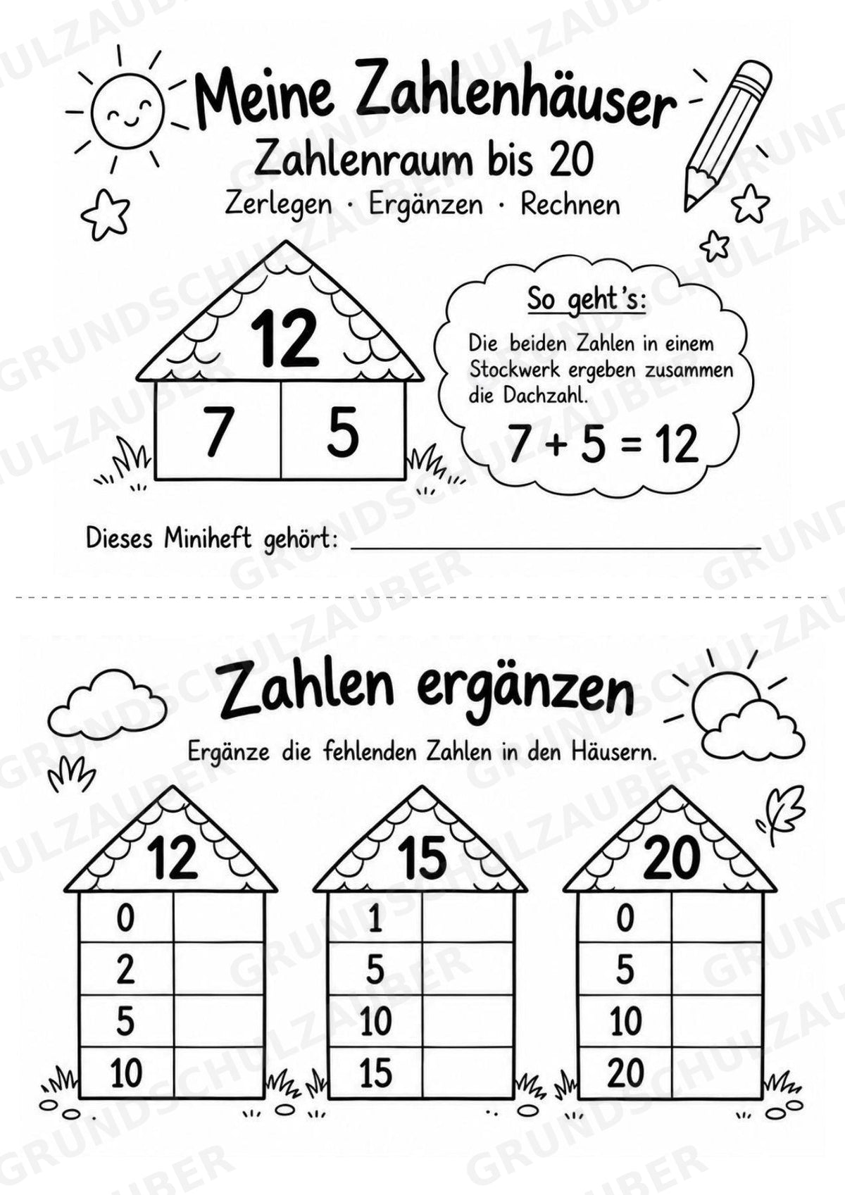 Zahlenhäuser bis 20 – Miniheft zur Zahlzerlegung, Addition und Subtraktion | Mathe Klasse 1–2 – Materialseite 3