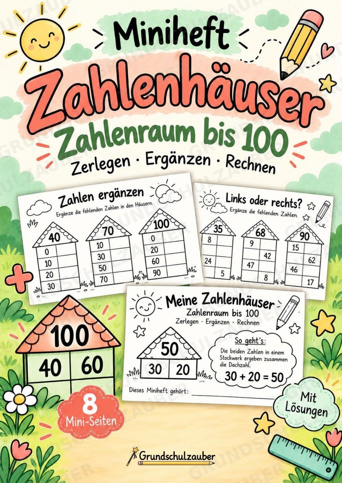 Zahlenhäuser bis 100 – Miniheft mit Rechenhäusern zur Zahlzerlegung und zum Kopfrechnen | Mathe Klasse 2 – Cover