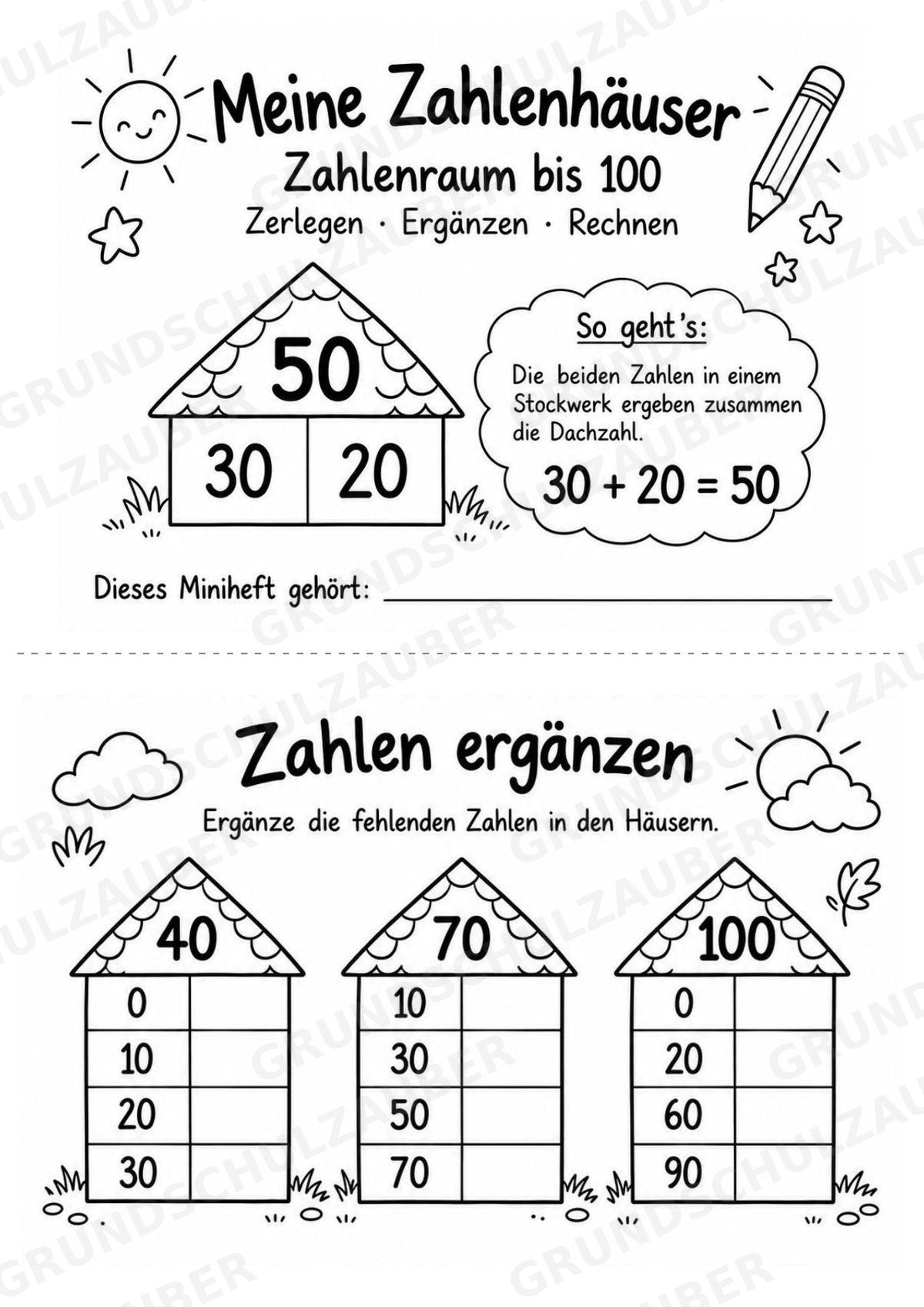 Zahlenhäuser bis 100 – Miniheft mit Rechenhäusern zur Zahlzerlegung und zum Kopfrechnen | Mathe Klasse 2 – Materialseite 3