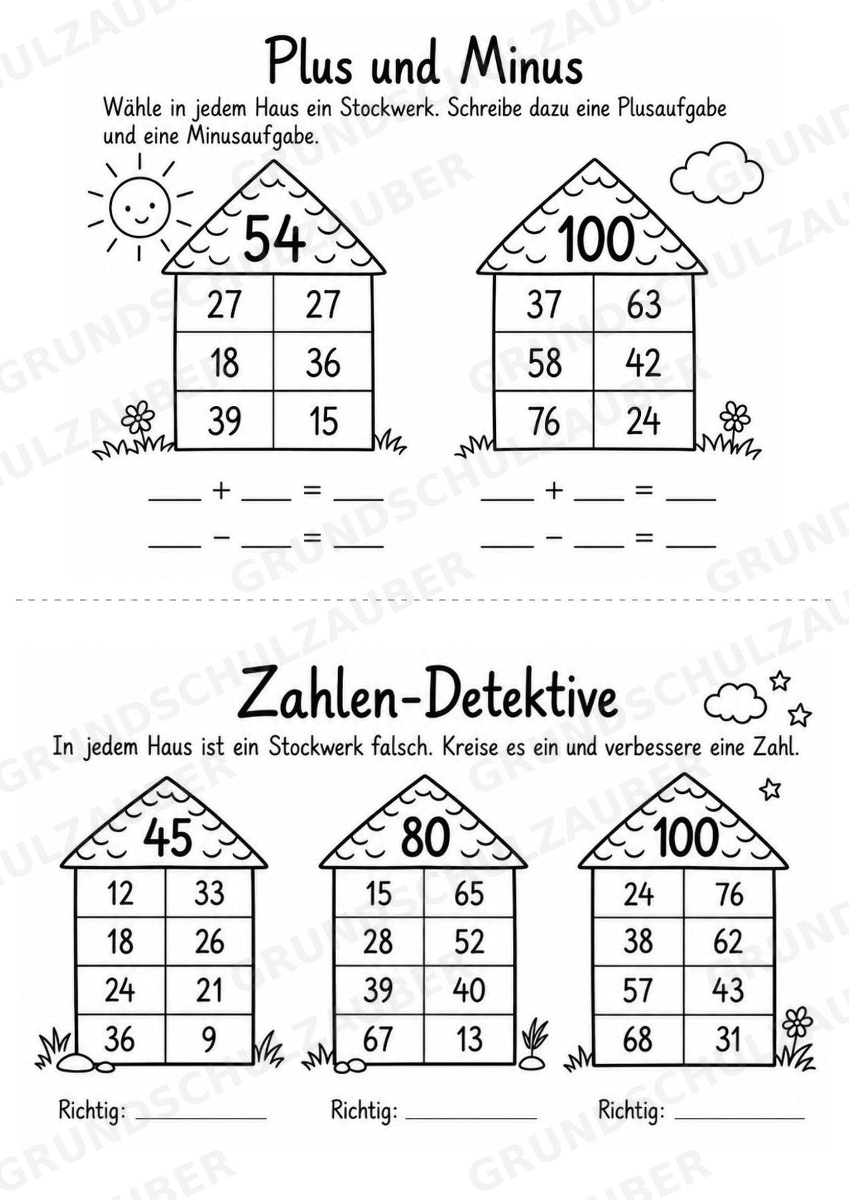 Zahlenhäuser bis 100 – Miniheft mit Rechenhäusern zur Zahlzerlegung und zum Kopfrechnen | Mathe Klasse 2 – Materialseite 5