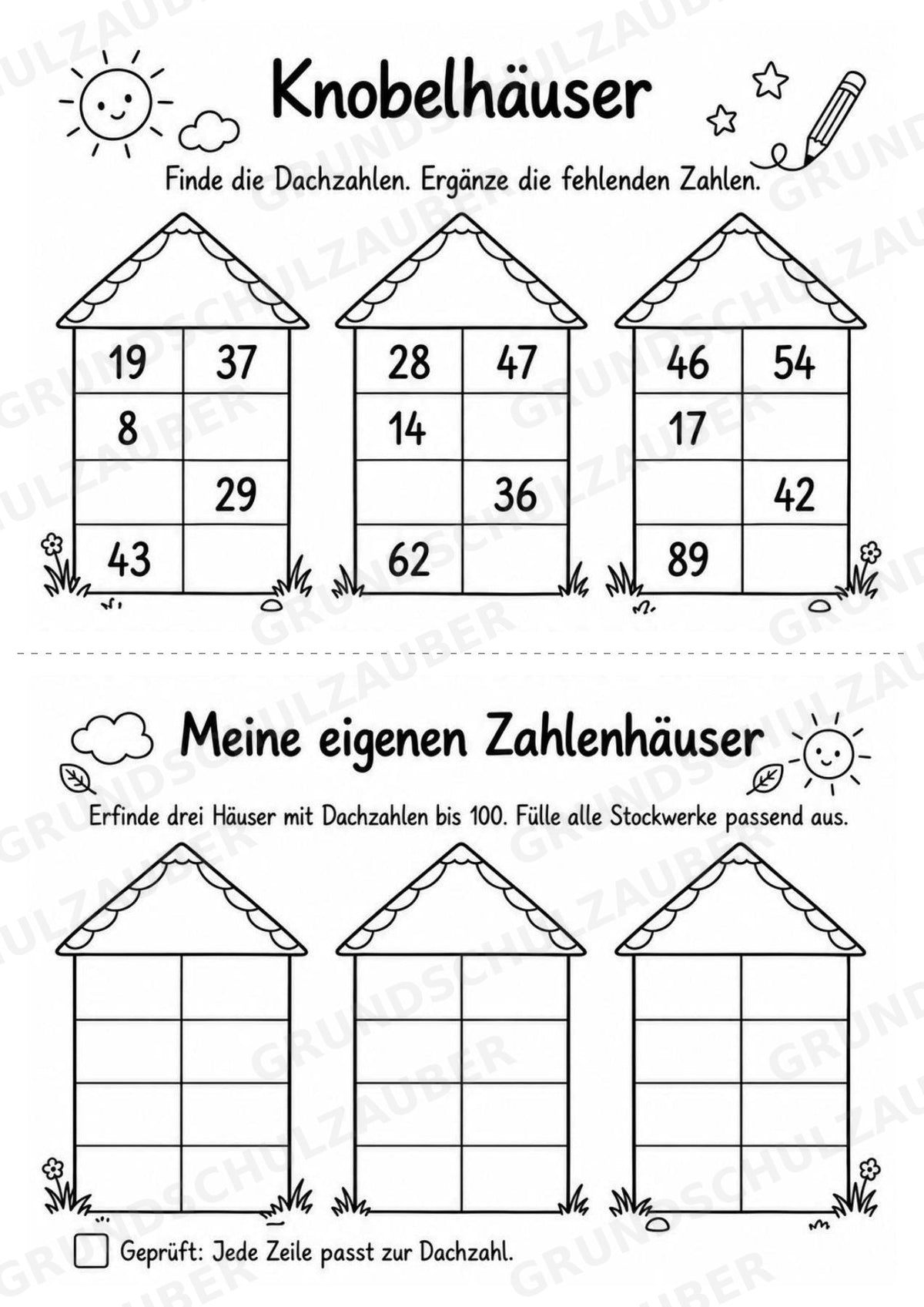 Zahlenhäuser bis 100 – Miniheft mit Rechenhäusern zur Zahlzerlegung und zum Kopfrechnen | Mathe Klasse 2 – Materialseite 6