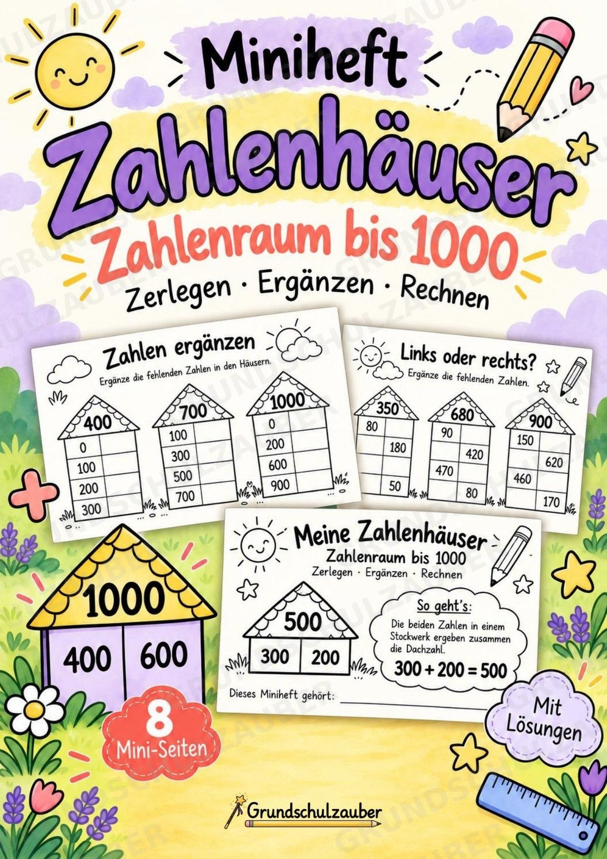 Zahlenhäuser bis 1000 – Miniheft zur Zahlzerlegung, Addition und Subtraktion | Mathe Klasse 3 – Cover