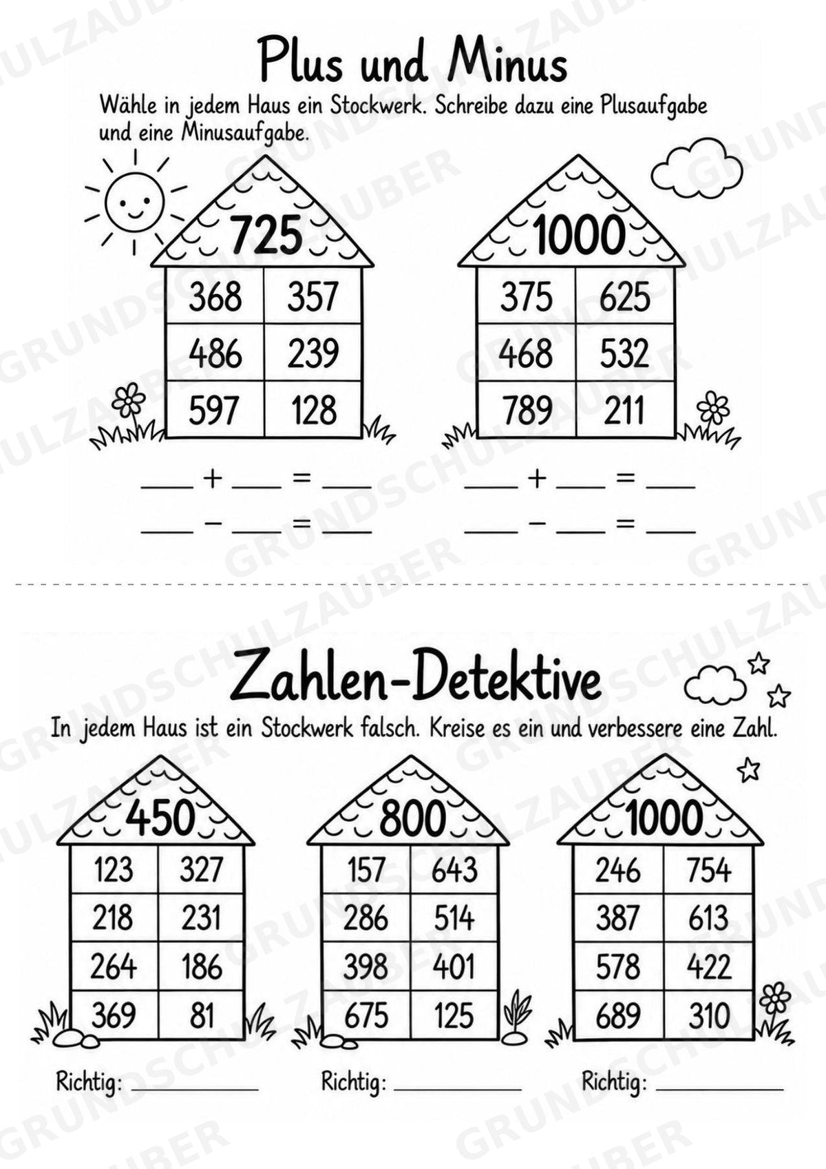 Zahlenhäuser bis 1000 – Miniheft zur Zahlzerlegung, Addition und Subtraktion | Mathe Klasse 3 – Materialseite 5