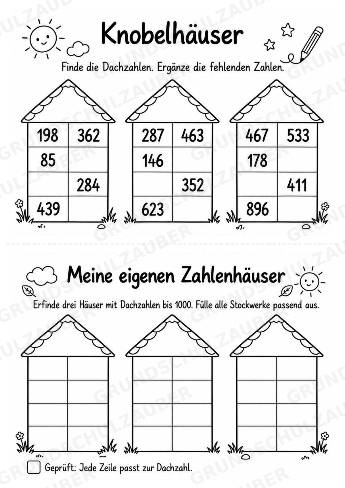 Zahlenhäuser bis 1000 – Miniheft zur Zahlzerlegung, Addition und Subtraktion | Mathe Klasse 3 – Materialseite 6
