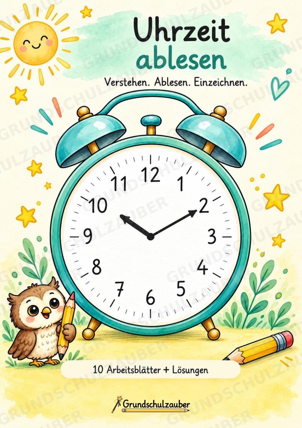 Uhrzeit ablesen & Uhr lernen – 10 Arbeitsblätter in Grundschrift mit Lösungen | Volle, halbe Stunden & Viertelstunden | Klasse 1–2 – Cover