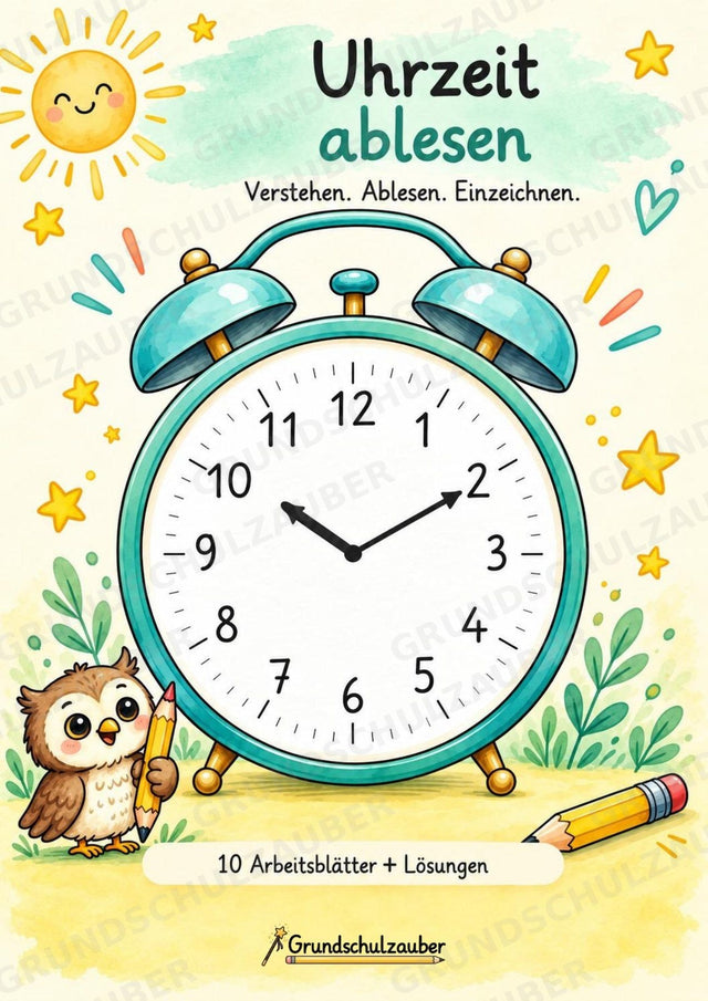 Uhrzeit ablesen & Uhr lernen – 10 Arbeitsblätter in Grundschrift mit Lösungen | Volle, halbe Stunden & Viertelstunden | Klasse 1–2 – Cover
