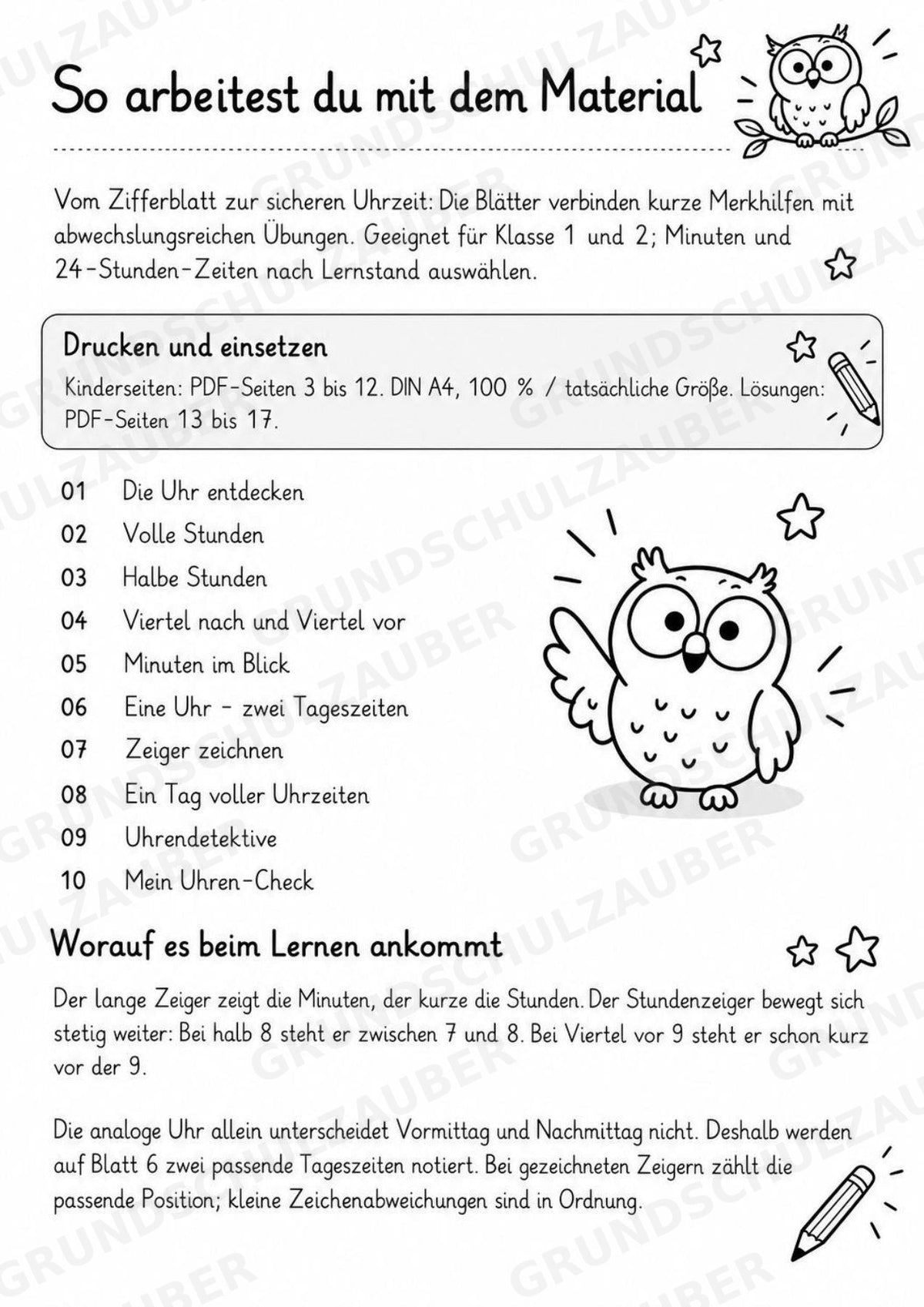 Uhrzeit ablesen & Uhr lernen – 10 Arbeitsblätter in Grundschrift mit Lösungen | Volle, halbe Stunden & Viertelstunden | Klasse 1–2 – Materialseite 2