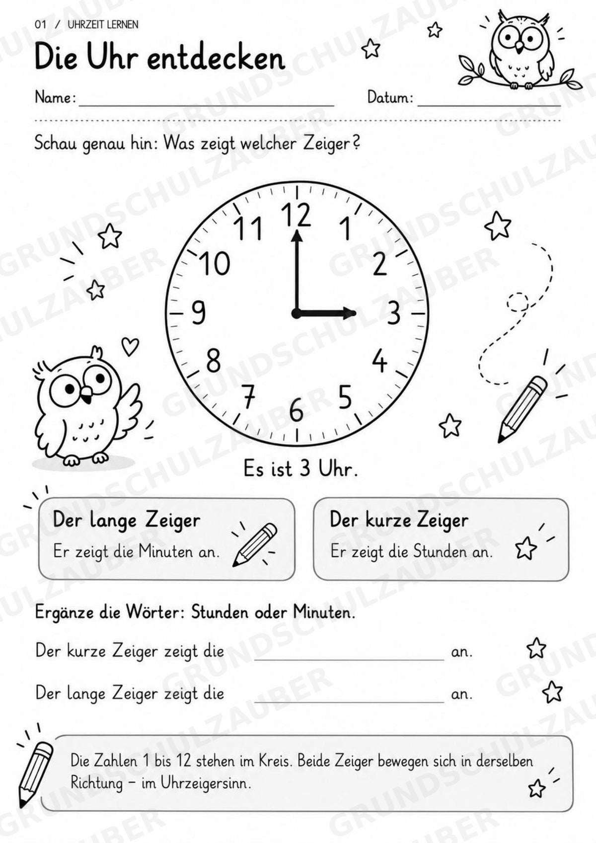Uhrzeit ablesen & Uhr lernen – 10 Arbeitsblätter in Grundschrift mit Lösungen | Volle, halbe Stunden & Viertelstunden | Klasse 1–2 – Materialseite 3
