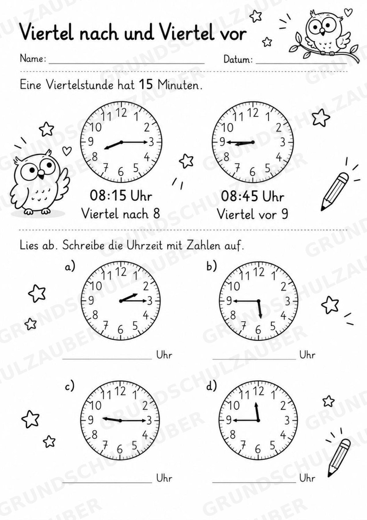 Uhrzeit ablesen & Uhr lernen – 10 Arbeitsblätter in Grundschrift mit Lösungen | Volle, halbe Stunden & Viertelstunden | Klasse 1–2 – Materialseite 6