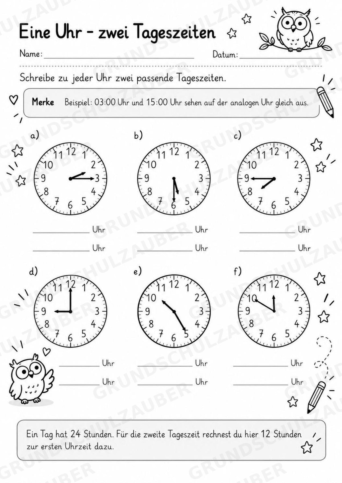 Uhrzeit ablesen & Uhr lernen – 10 Arbeitsblätter in Grundschrift mit Lösungen | Volle, halbe Stunden & Viertelstunden | Klasse 1–2 – Materialseite 8