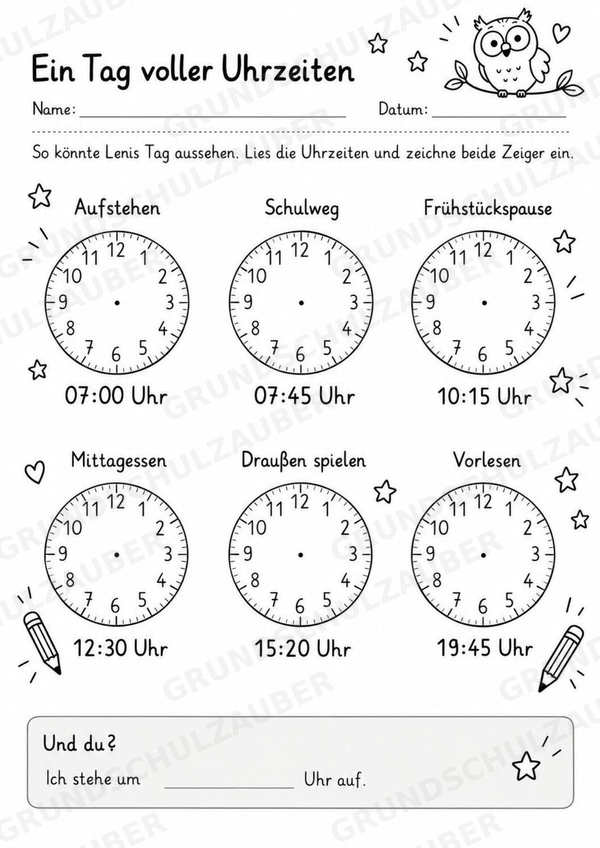 Uhrzeit ablesen & Uhr lernen – 10 Arbeitsblätter in Grundschrift mit Lösungen | Volle, halbe Stunden & Viertelstunden | Klasse 1–2 – Materialseite 10