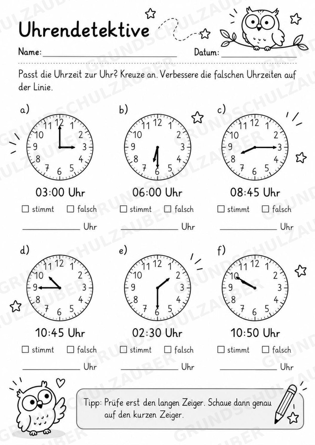 Uhrzeit ablesen & Uhr lernen – 10 Arbeitsblätter in Grundschrift mit Lösungen | Volle, halbe Stunden & Viertelstunden | Klasse 1–2 – Materialseite 11
