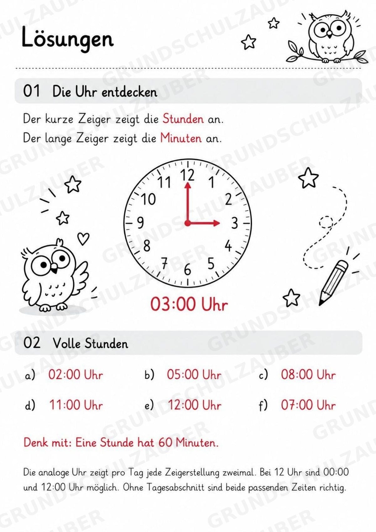 Uhrzeit ablesen & Uhr lernen – 10 Arbeitsblätter in Grundschrift mit Lösungen | Volle, halbe Stunden & Viertelstunden | Klasse 1–2 – Materialseite 13