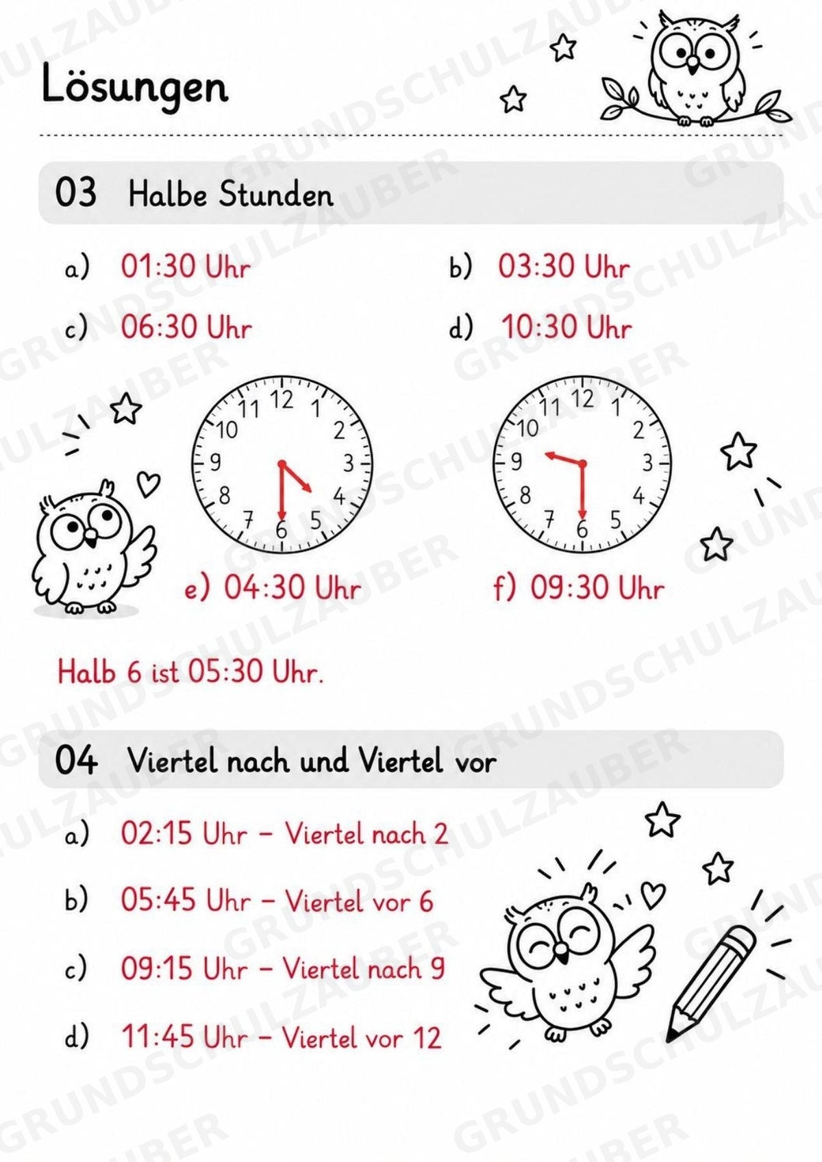 Uhrzeit ablesen & Uhr lernen – 10 Arbeitsblätter in Grundschrift mit Lösungen | Volle, halbe Stunden & Viertelstunden | Klasse 1–2 – Materialseite 14