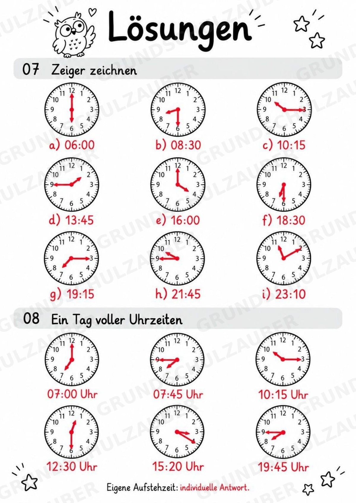 Uhrzeit ablesen & Uhr lernen – 10 Arbeitsblätter in Grundschrift mit Lösungen | Volle, halbe Stunden & Viertelstunden | Klasse 1–2 – Materialseite 16