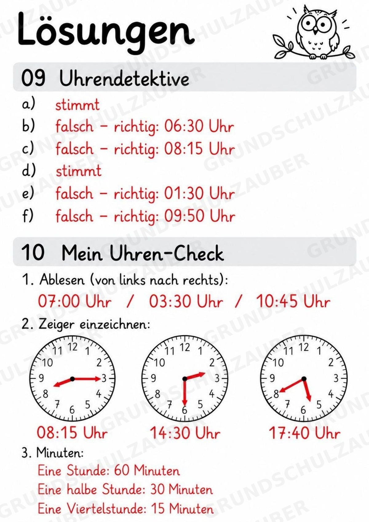 Uhrzeit ablesen & Uhr lernen – 10 Arbeitsblätter in Grundschrift mit Lösungen | Volle, halbe Stunden & Viertelstunden | Klasse 1–2 – Materialseite 17