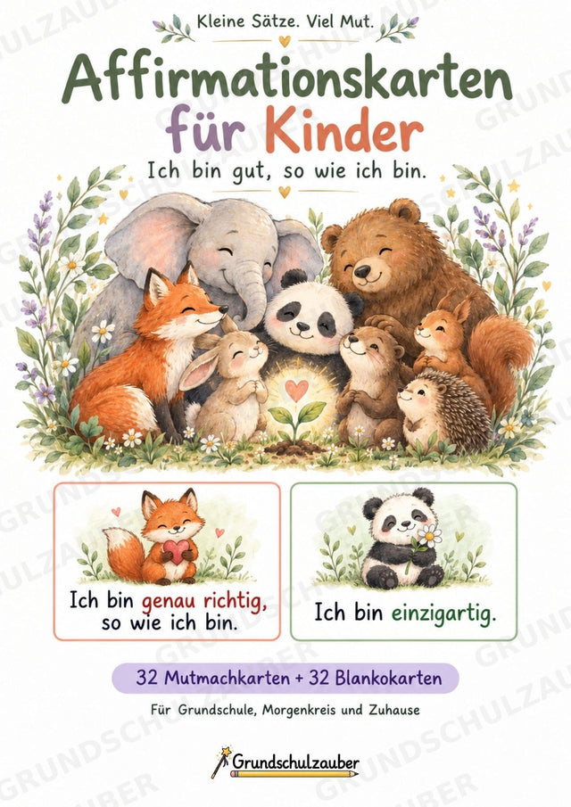 Affirmationskarten für Kinder – 32 Mutmachkarten & 32 Blankokarten | Grundschule PDF – Cover