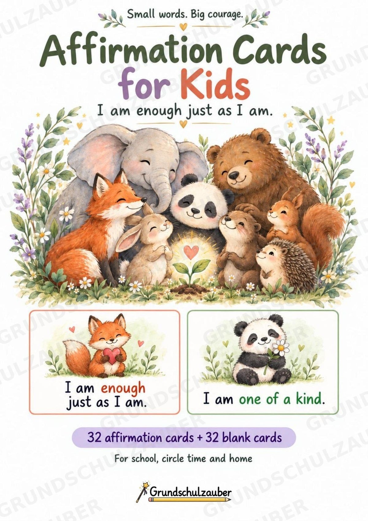 Positive Affirmation Cards for Kids – 32 Animal Cards + 32 Blank Cards | Printable PDF – Cover