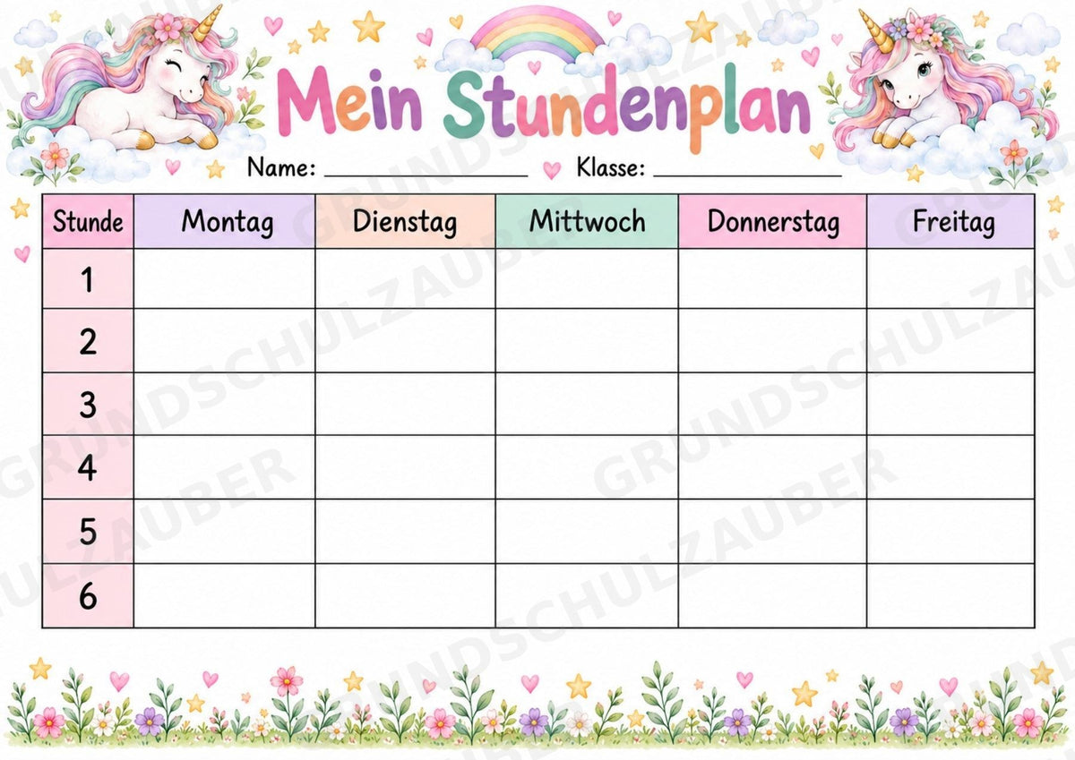 Stundenplan Einhorn zum Ausdrucken – 3 Vorlagen für die Grundschule | PDF mit Ausmalvorlage – Materialseite 2
