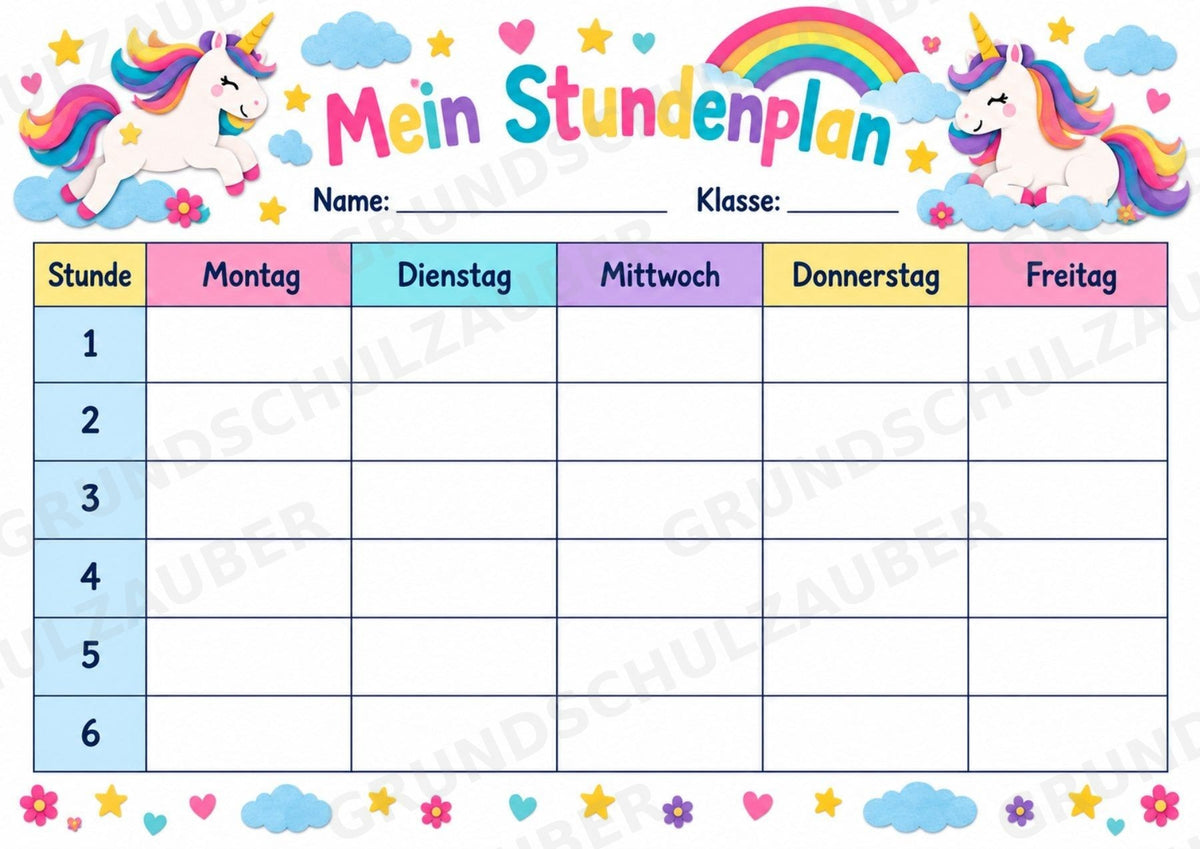 Stundenplan Einhorn zum Ausdrucken – 3 Vorlagen für die Grundschule | PDF mit Ausmalvorlage – Materialseite 3