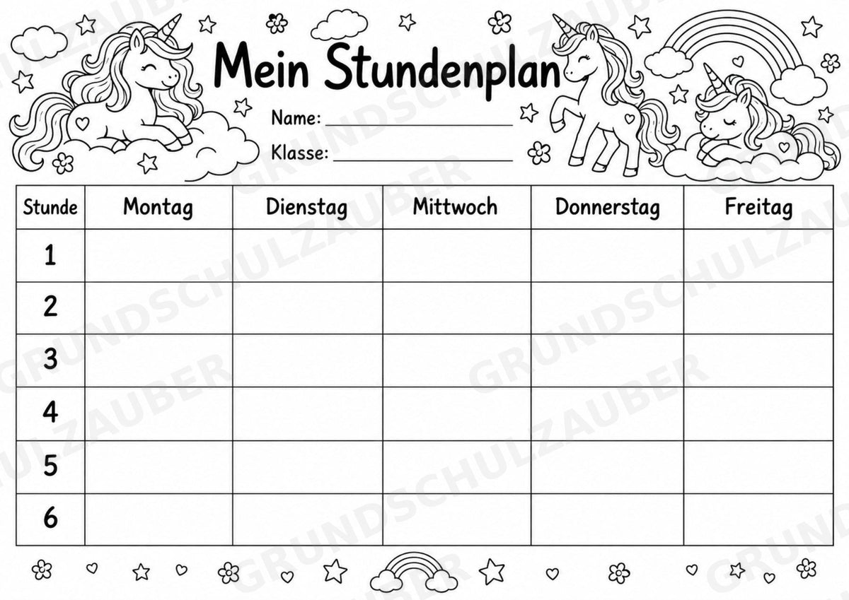 Stundenplan Einhorn zum Ausdrucken – 3 Vorlagen für die Grundschule | PDF mit Ausmalvorlage – Materialseite 4