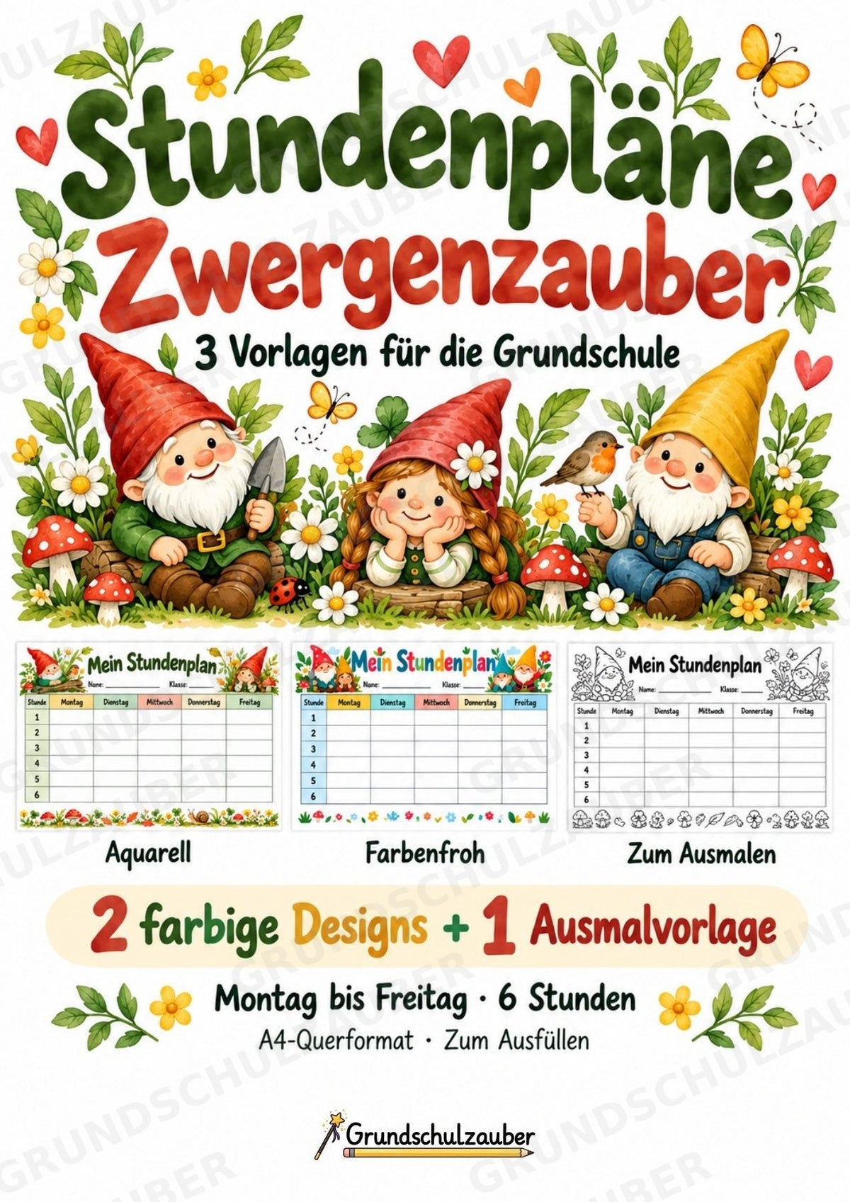 Stundenplan Zwerge zum Ausdrucken – 3 Vorlagen für die Grundschule | PDF mit Ausmalvorlage – Cover