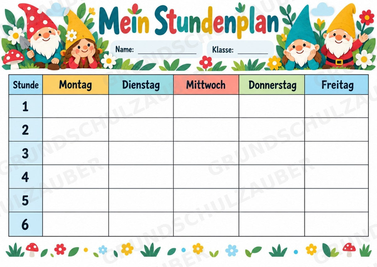 Stundenplan Zwerge zum Ausdrucken – 3 Vorlagen für die Grundschule | PDF mit Ausmalvorlage – Materialseite 3