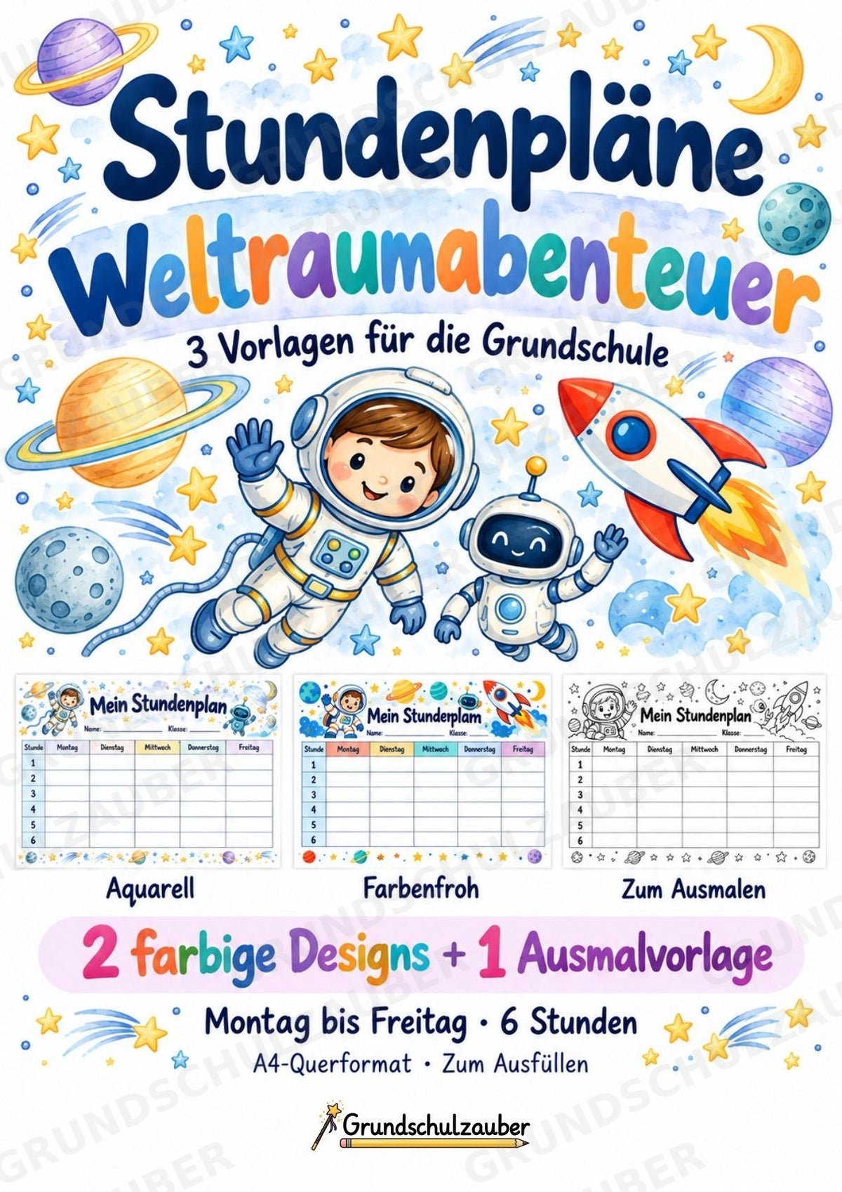 Stundenplan Weltraum zum Ausdrucken – 3 Vorlagen mit Astronauten und Raketen | Grundschule – Cover