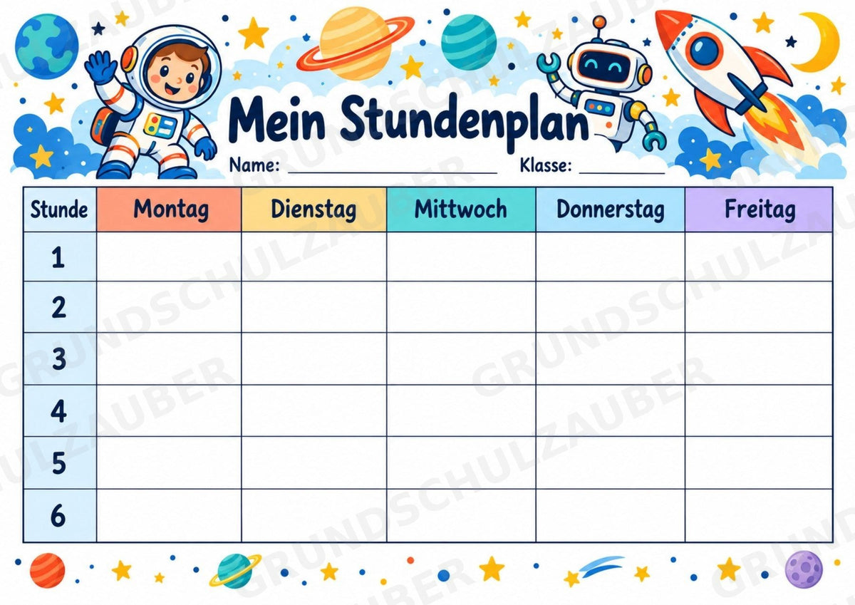 Stundenplan Weltraum zum Ausdrucken – 3 Vorlagen mit Astronauten und Raketen | Grundschule – Materialseite 3