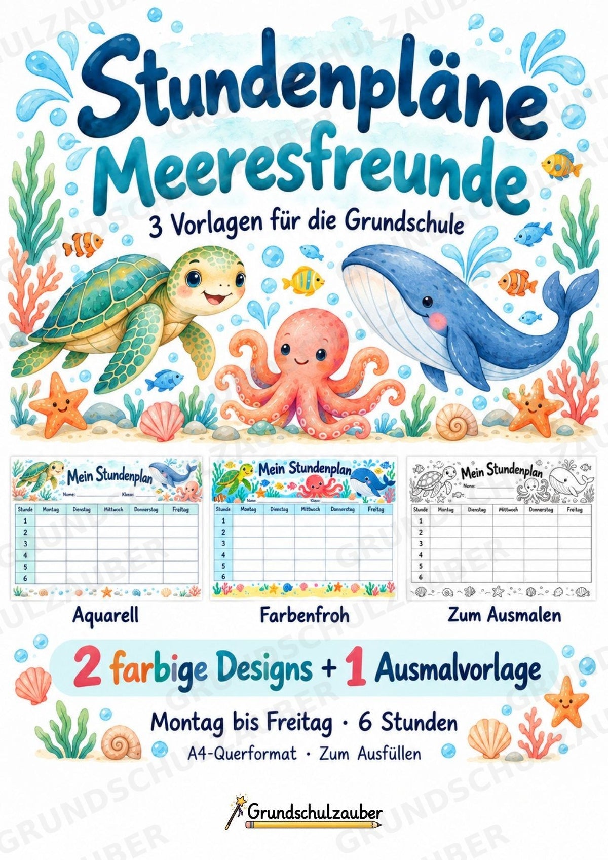 Stundenplan Meerestiere zum Ausdrucken – 3 Unterwasser-Vorlagen für die Grundschule – Cover