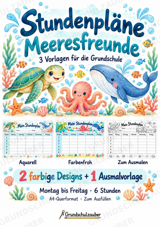 Stundenplan Meerestiere zum Ausdrucken – 3 Unterwasser-Vorlagen für die Grundschule – Cover