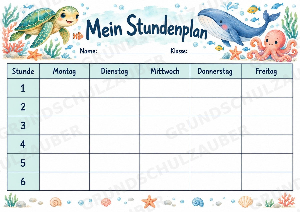 Stundenplan Meerestiere zum Ausdrucken – 3 Unterwasser-Vorlagen für die Grundschule – Materialseite 2