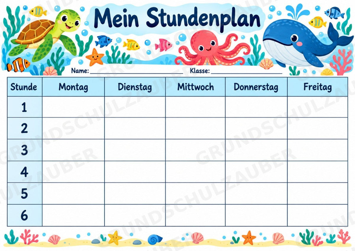 Stundenplan Meerestiere zum Ausdrucken – 3 Unterwasser-Vorlagen für die Grundschule – Materialseite 3