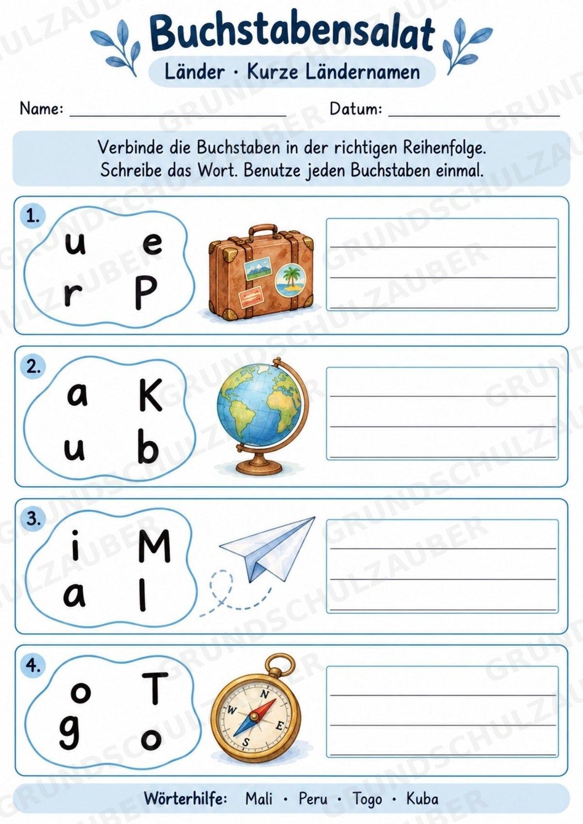 Buchstabensalat Länder | Ländernamen & Wortschatz üben | 5 Arbeitsblätter für Deutsch und Sachunterricht Grundschule – Materialseite 2