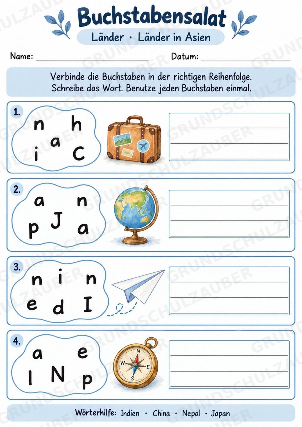 Buchstabensalat Länder | Ländernamen & Wortschatz üben | 5 Arbeitsblätter für Deutsch und Sachunterricht Grundschule – Materialseite 3